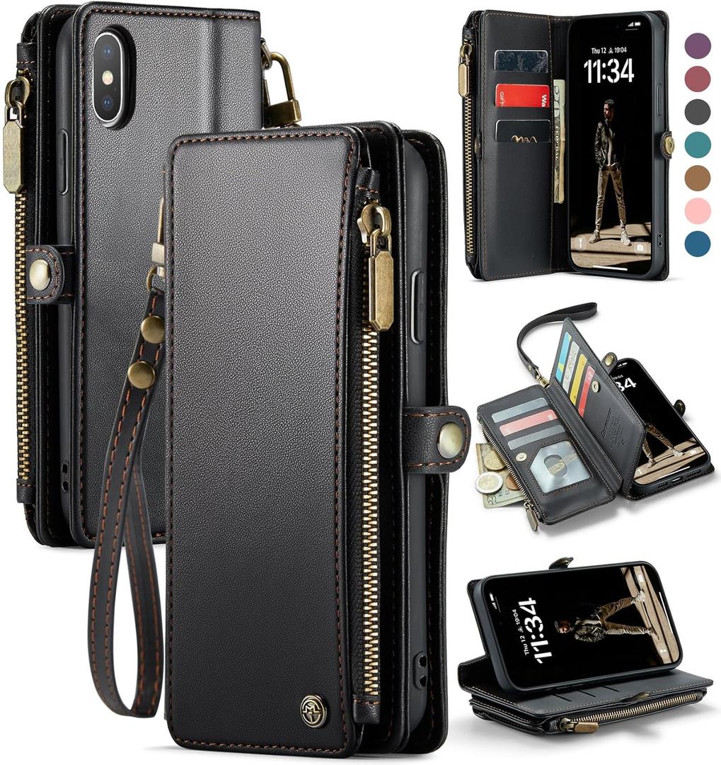 Defencase Compatible with iPhone Xs MAX Case Wallet with RFID Blocking Card Holder for Women Men, Fashion PU Leather Magnetic Snap Flip Zipper Strap Wallet Phone Case Fit for iPhone Xs MAX, Black