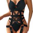 Lilosy Sexy Strappy Crisscross Cutout Underwire Garter Belt Lingerie Set Rave Outfits Large