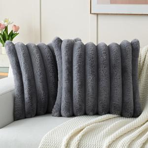 FUTEI Grey Decorative Throw Pillow Covers 18x18 Inch Set of 2, Square Soft Faux Rabbit Fur Big Striped Cushion Cover,Home Decor for Couch Sofa Bed Living Room (18" x 18" (Pack of 2))