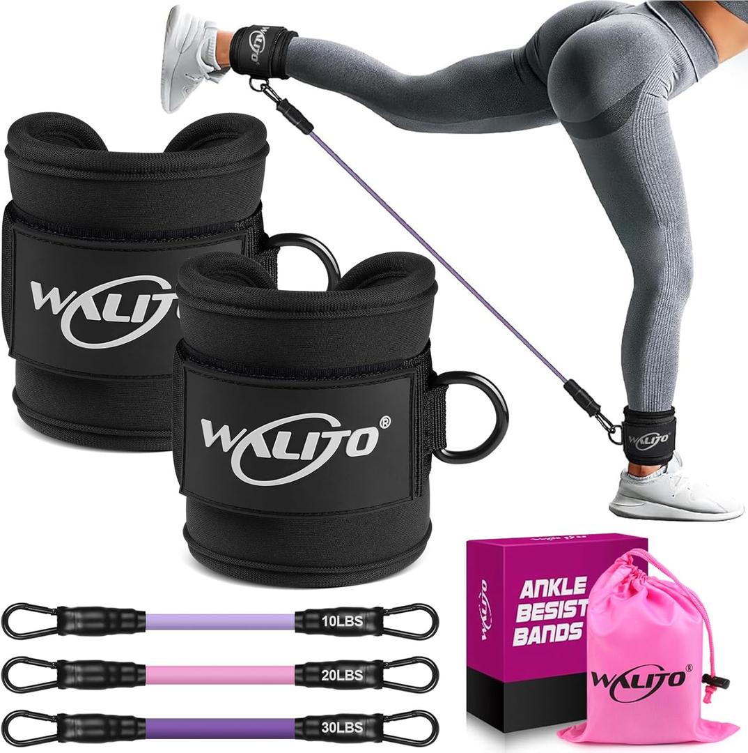 WALITO Ankle Resistance Bands with Cuffs, Exercise Bands for Legs and Butt, Booty Workout Equipment for Kickbacks and Hip Fitness Training (Black)