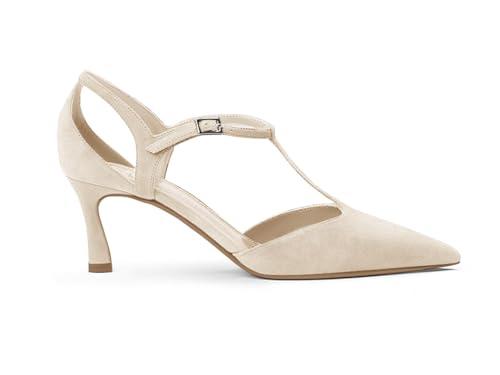 Coutgo Womens Low Kitten Heels T Strap Closed Pointed Toe Ankle Buckle Pumps Wedding Party Dress Shoes, Nude, Size 9.5