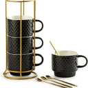 Gomakren Coffee Mugs Set of 4, 13 Ounce Stackable Coffee Mug Set with Stand, Valentine Stoneware Coffee Cup with Spoon for Coffee, Milk, Tea, Cocoa, Black