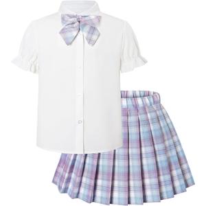 Betusline Girls Skirt Set JK School Uniform 2-Piece Outfit - Short Sleeve Shirt with Bow & Pleated Skirt 4T-14Y
