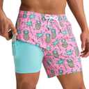 maamgic Mens Swim Trunks with Compression Liner 5 Inch, Quick Dry Bathing Suit with Zipper Pockets, No-Chafing Swim Shorts, Pineapple, Large