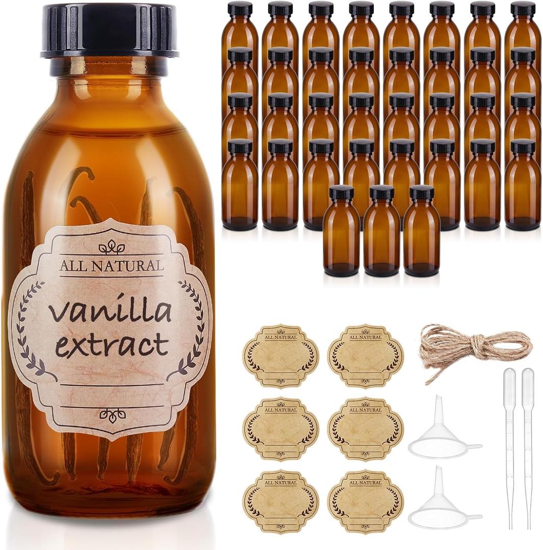 36 Pack 4 oz Boston Glass Bottle with Cap, Empty Glass Bottles for Homemade Vanilla Extract, Essential Oils, Juice, Potion, Syrup, Liquids, Christmas, Holiday Gift (Amber 36 Pack)