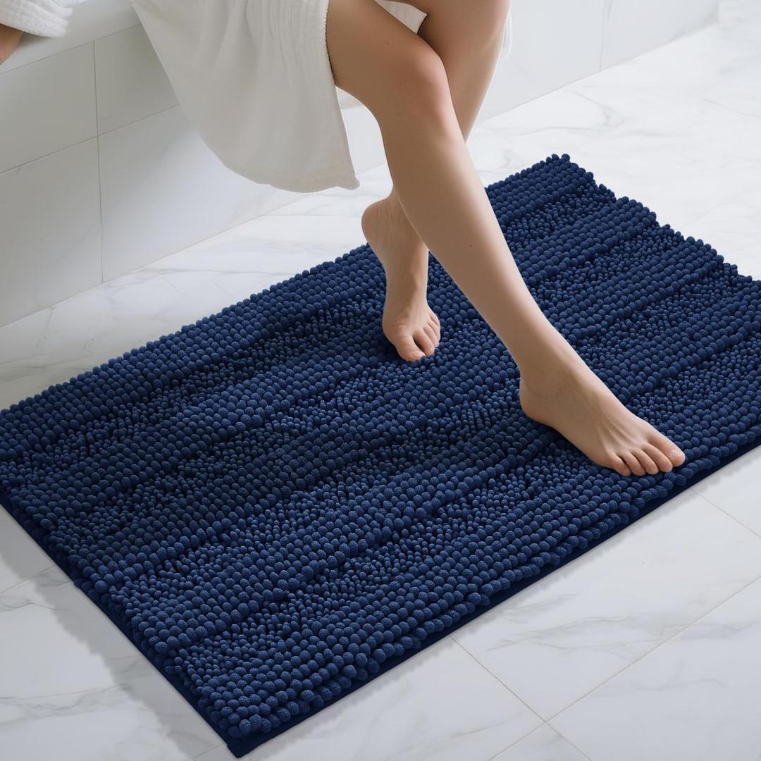 Yimobra Bathroom Rug Mat 44 x 24, Non Slip and Super Absorbent Bath Mat,Machine Washable Quick Dry,Ultra Plush Chenille Shower Rugs for Bathroom Floor Sink Tub and Shower Outside,Navy Blue