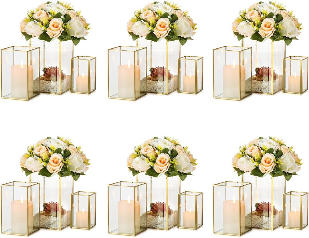 Hewory Glass Hurricane Candle Holder: Gold Hurricane Candle Holders with Metal Frame Square Set of 18, Clear Candle Holder for Table Centerpiece Wedding Christmas Engagement Birthday Party Decorations