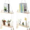 Chunful 2 Pack Macrame Wall Hanging Shelf 2-Tier Boho Wooden Display Floating Shelf Wooden Rustic Plant Rope Hanger Rack with Beads and Tassel for Wall Decor Bedroom Dorm Nursery Living Room Bathroom