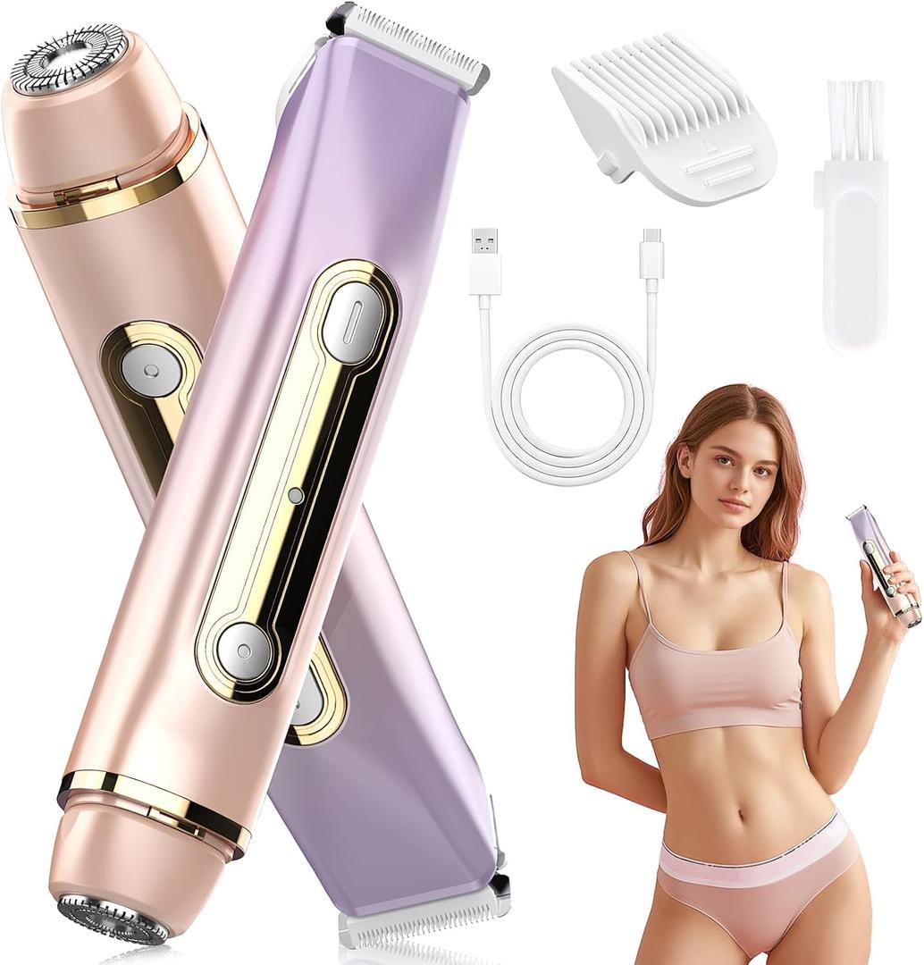 Bikini Trimmer for Women - 2 in 1 Dual Head Bikini Shaver, Painless Electric Razors for Silk Skin, Ceramic Blade, Waterproof Wet & Dry Use Body Hair Removal for TripPurple