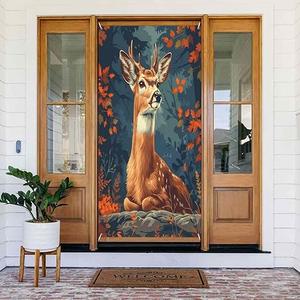 Fall Deer Door Cover Banner Decoration Backdrop Porch Sign For Holiday Party Indoor Outdoor Decor  Size 35"x72"