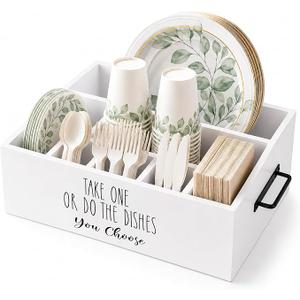 CHONIC Paper Plate Holder, Plastic Silverware Caddy, Plastic Utensil Dispenser for Party Buffet Camping BBQ, Disposable Spoon Fork Knives Dish Cup Napkin Storage Organizer for Kitchen Counter (White)