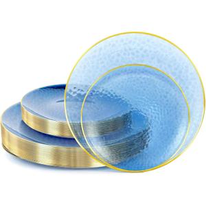Lullaby 60Pcs Blue Gold Plastic Plates, Blue Disposable Plates With Gold Rim, Plastic Plates Include 30 Dessert Plate 10'', 30 Dinner Plate 7'' for Party, Birthdays and Wedding