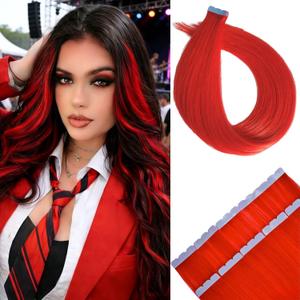 Red Mini Tape in Hair Extensions Human Hair Invisible Seamless Diy Human Hair Tape in Extensions Colored Silky Remy Hair 14Inch 10Pcs for Party