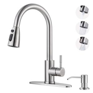 WOWOW Kitchen Faucet: 304 Stainless Steel Kitchen Sink Faucet with Pull Down Sprayer 3 Modes, Single Handle High Arc Mixer Taps for Sink, RV, Laundry, Bar (Brushed Nickel)