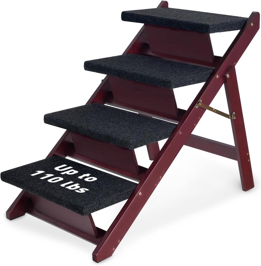 BRIKY Wooden Dog Stairs/Steps, Foldable 4 Steps | Dog Steps for High Bed Couch Cars, Non-Slip Pet Stairs for Small Large Medium Dogs and Cats, No Assembly Required