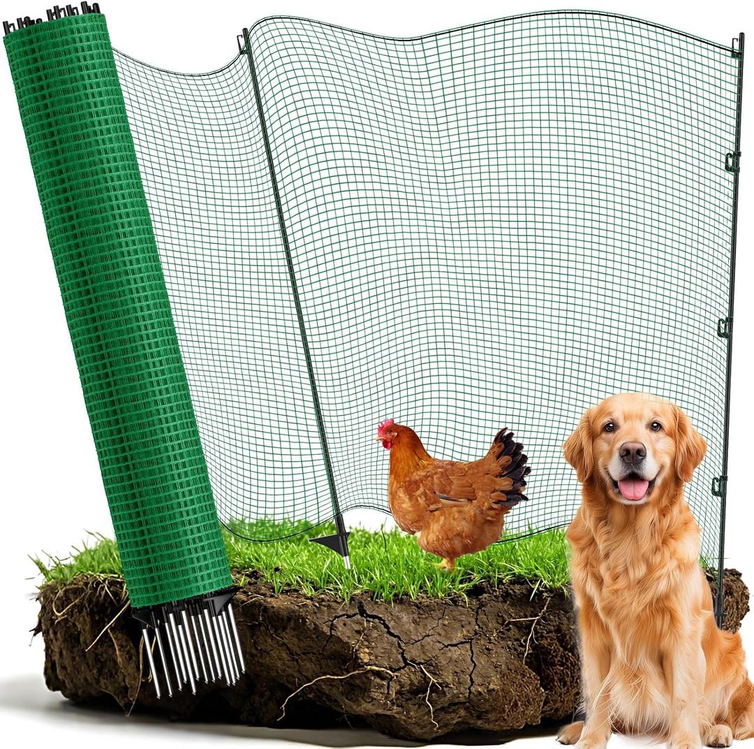 Temporary Fence with Posts, 4‘x82‘ Animal Barrier Dog Portable Fencing with Fiberglass Stake Windbreak Rope, Safety Snow Plastic Netting Roll for Garden Backyard Outdoor for Chickens or Other Animals