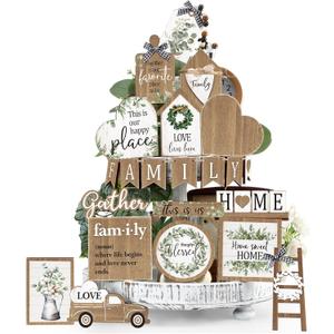 Yaomiao 21 Pcs Farmhouse Tiered Tray Decor Set Rustic Farmhouse Wood Decor Sign Vintage Rustic Family Gather Blessed Tiered Tray This is Our Happy Place Tabletop Sign for Home Kitchen Table Shelf