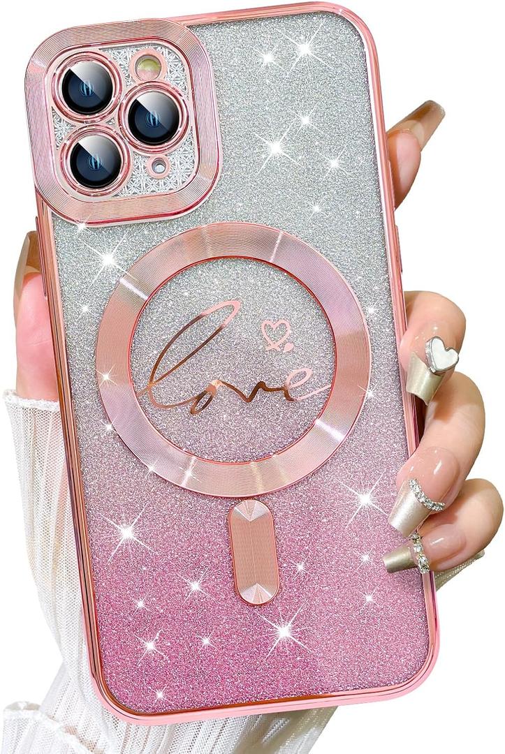 Fiyart Designed for iPhone 11 Pro Case,Compatible with MagSafe Love Heart Plating Camera Protection TPU Magnetic Glitter for Women Girls Shockproof Phone Bumper 5.8"-Pink