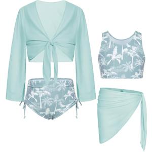 GRACE KARIN Girls Bathing Suit Adjustable Taniki Swimsuit Tie Front 4 Piece Bikini Set with Kimono Cover Up, 7-8 Years, Green Blue-coconut Tree