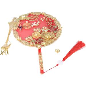 Kopida Chinese Vintage Round Phoenix Shaped Alloy Fan, Gold Flower Hand Holding With Tassel, Wedding Bride Group