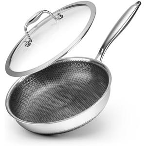 10.5 inch Frying Pan Nonstick with Lid, 2.5 Qt Deep Non Stick Stainless Steel Sauté Pan Skillet, Dishwasher and Oven Safe, Compatible with All Cooktops