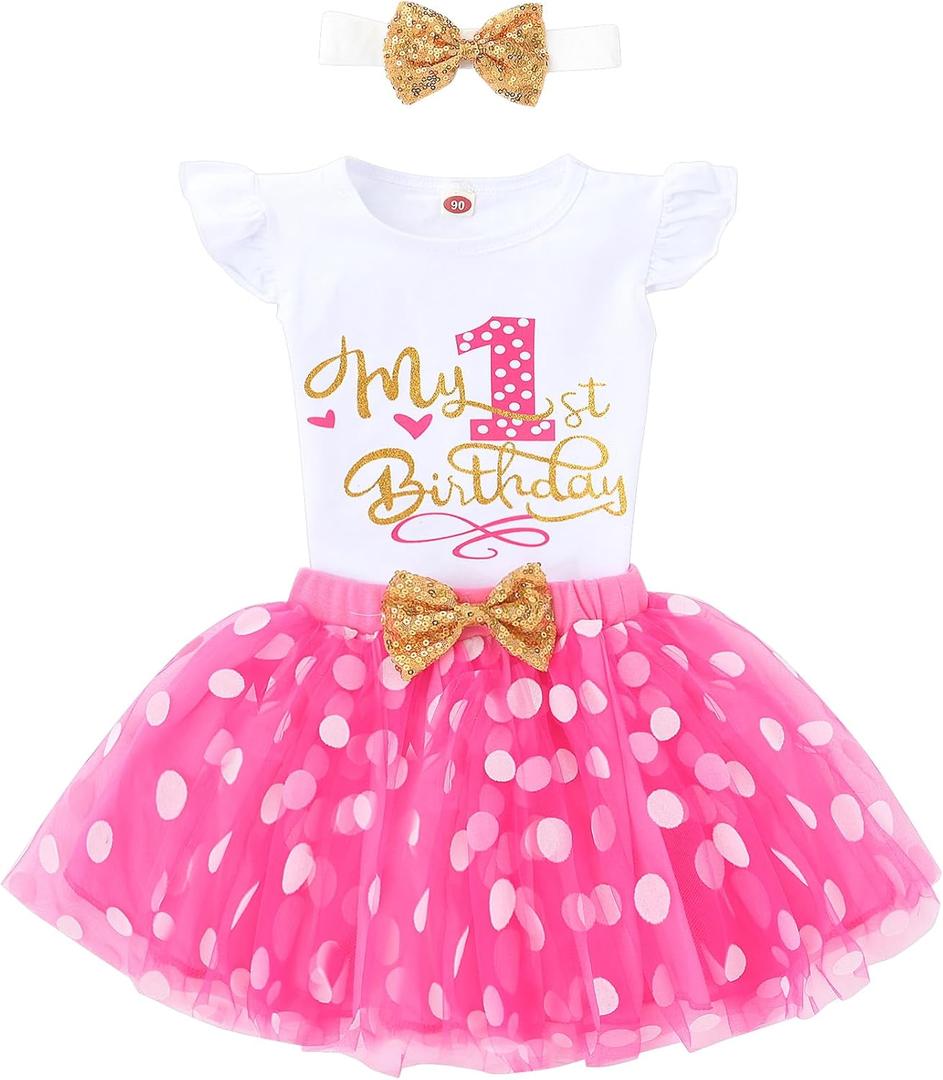 Baby Girl 1st Birthday Cake Smash Outfit Toddler Girl Frist Birthday Tutu Dress with Headband Clothes Set (12-18 Months)