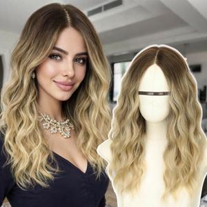 AISI HAIR 18 Inch Ombre Blonde Wigs for Women - Shoulder Length Wave Wig with Pre-Cut Lace Hairline, Middle Part Natural Wavy Bob Synthetic Heat Resistant Fiber for Daily and Party