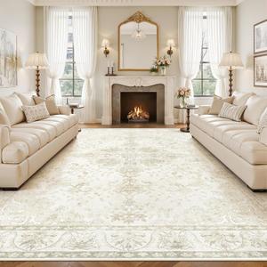 Washable 9x12 Area Rugs: Large Vintage Floral Soft Rug Non Slip Low Pile Stain Resistant Carpet for Living Room Bedroom Dining Room Office Playroom (Beige, 9'x12')