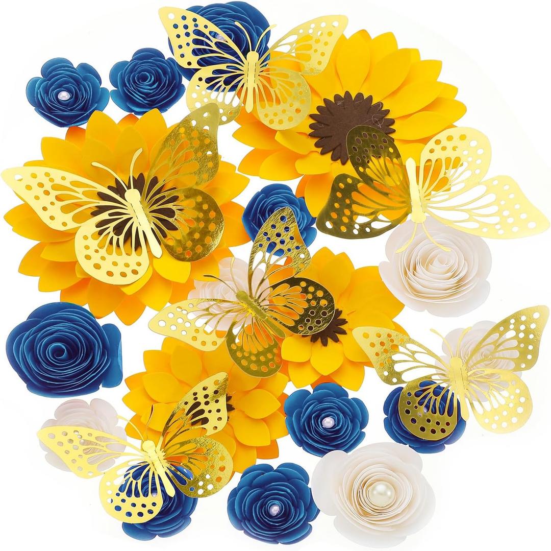 Nezyo 30 Pack Flower and Butterfly DIY Set DIY Graduation Cap Decorations 18 Pcs Flower Heads 12 Pcs 3D Butterfly Decorations Flat Back Roses Yellow Sunflower Heads for Grad Hats(Blue, Yellow)