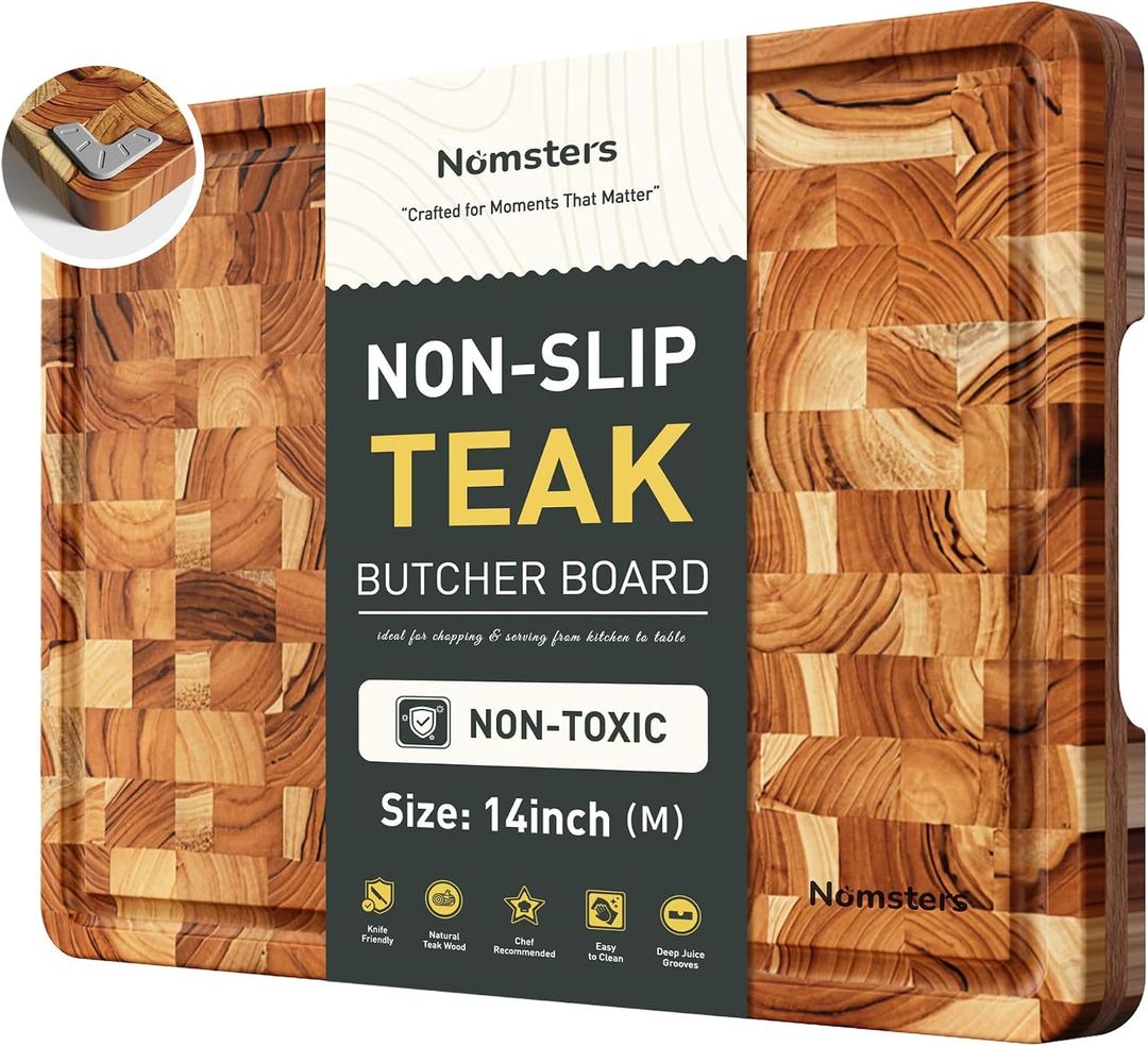 Teak Wood End Grain Cutting Board for Kitchen with Non-slip Feet, Heavy Duty Checkered Cutting Board Handcrafted Luxury Chopping Board for Cooking and Serving Wooden Butcher Block Non Toxic