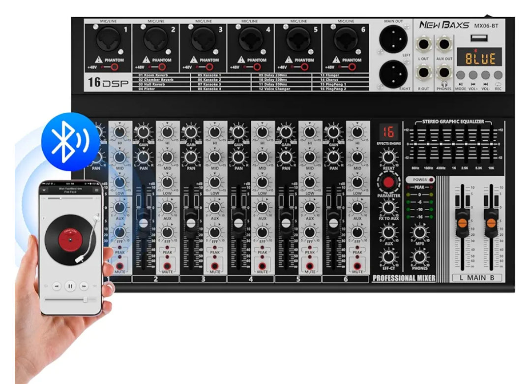 Professional Audio Mixer,6 Channel Audio Interface Sound Board Mixing Console System with Monitor,16 DSP DJ Bluetooth Mixer Reverb Effect +48V Phantom For Karaoke Studio Streaming RecordingAmazon's Choice