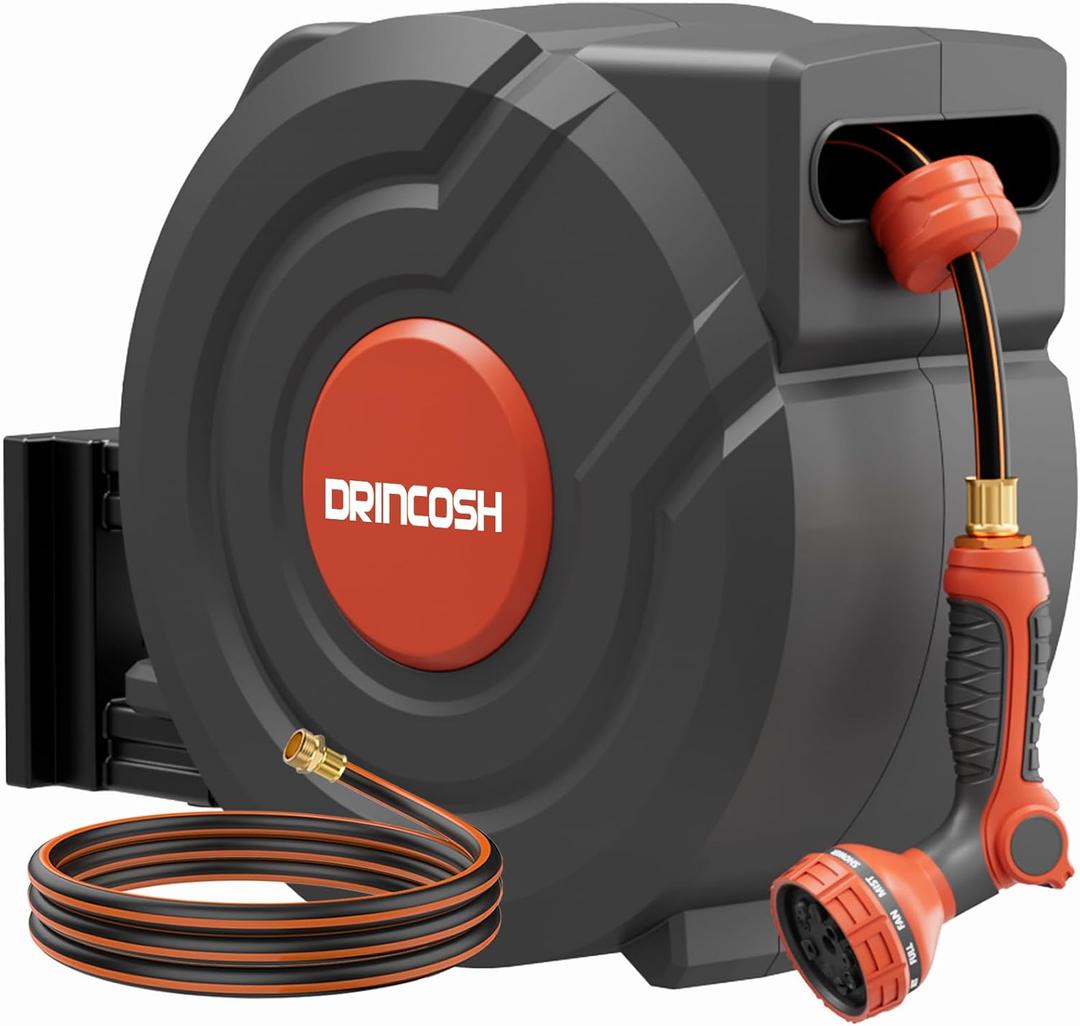 Retractable Garden Hose Reel 130 ft 1/2 inch Automatic Rewind with Any-Length Lock 9 Pattern Nozzle 180 Swivel Wall-Mounted Hose Reel for Home Yards