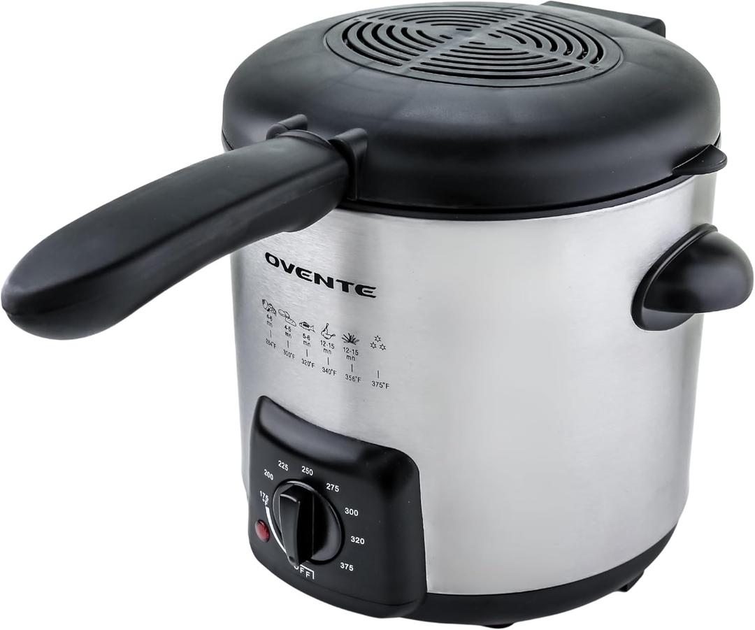 OVENTE Electric Deep Fryer, 0.9L Capacity, 840W with Adjustable Temperature, Locking Lid, Removable Fry Basket & Cool-Touch Handles, Stainless Steel Countertop Fryer, Silver FDM1091BR