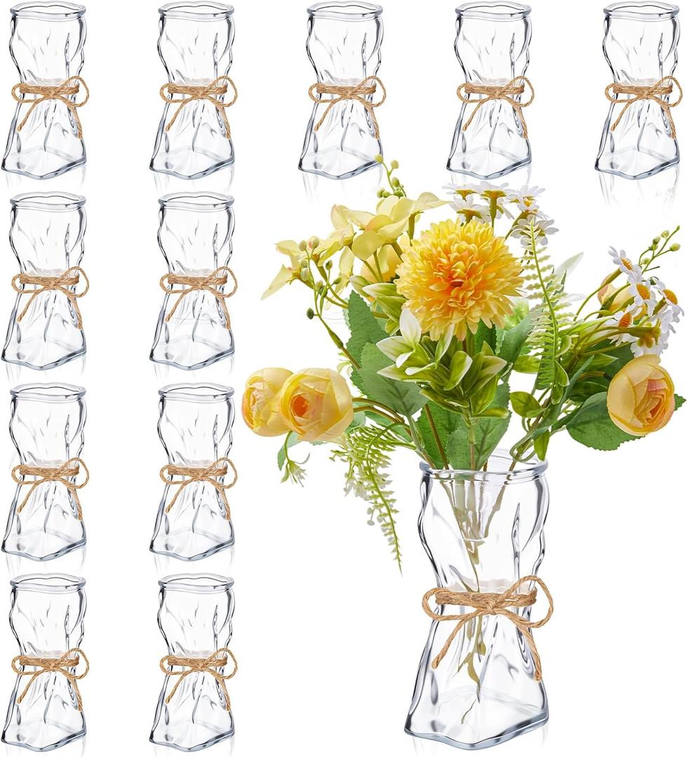 LemonRoad 12 Pack Small Glass Bag Flower Vase Irregular Shaped Flower Vase Glass Purse Vases for Flowers Cute Jardiniere for Wedding Living Room Home Office Bookshelf Floral Decoration