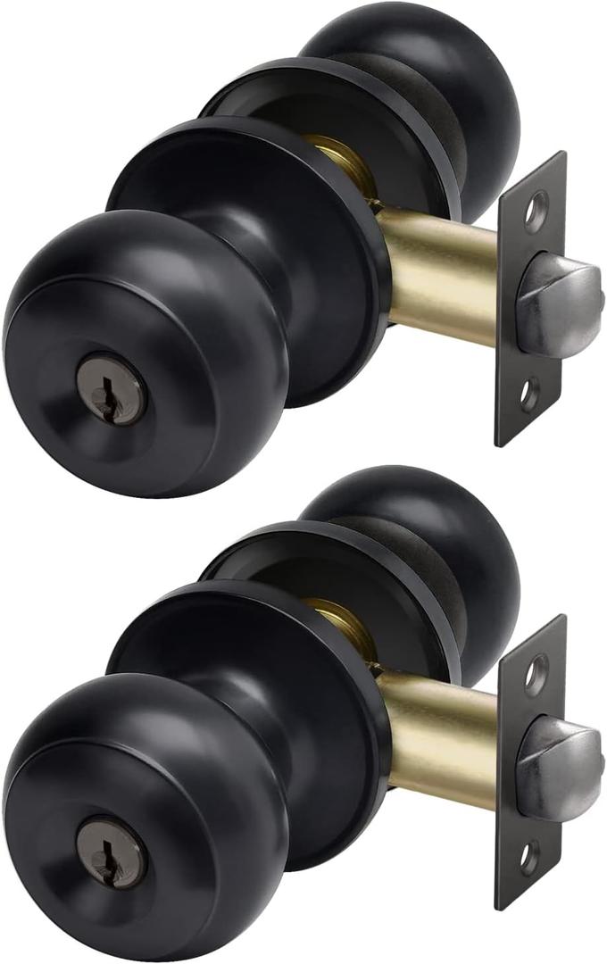 CML Hardware Entry Door Knob with Lock and Key, Keyed Different, Exterior Door Lock Sets for Front/Back Door, Round Ball Handle, Matte Black, 2 Pack