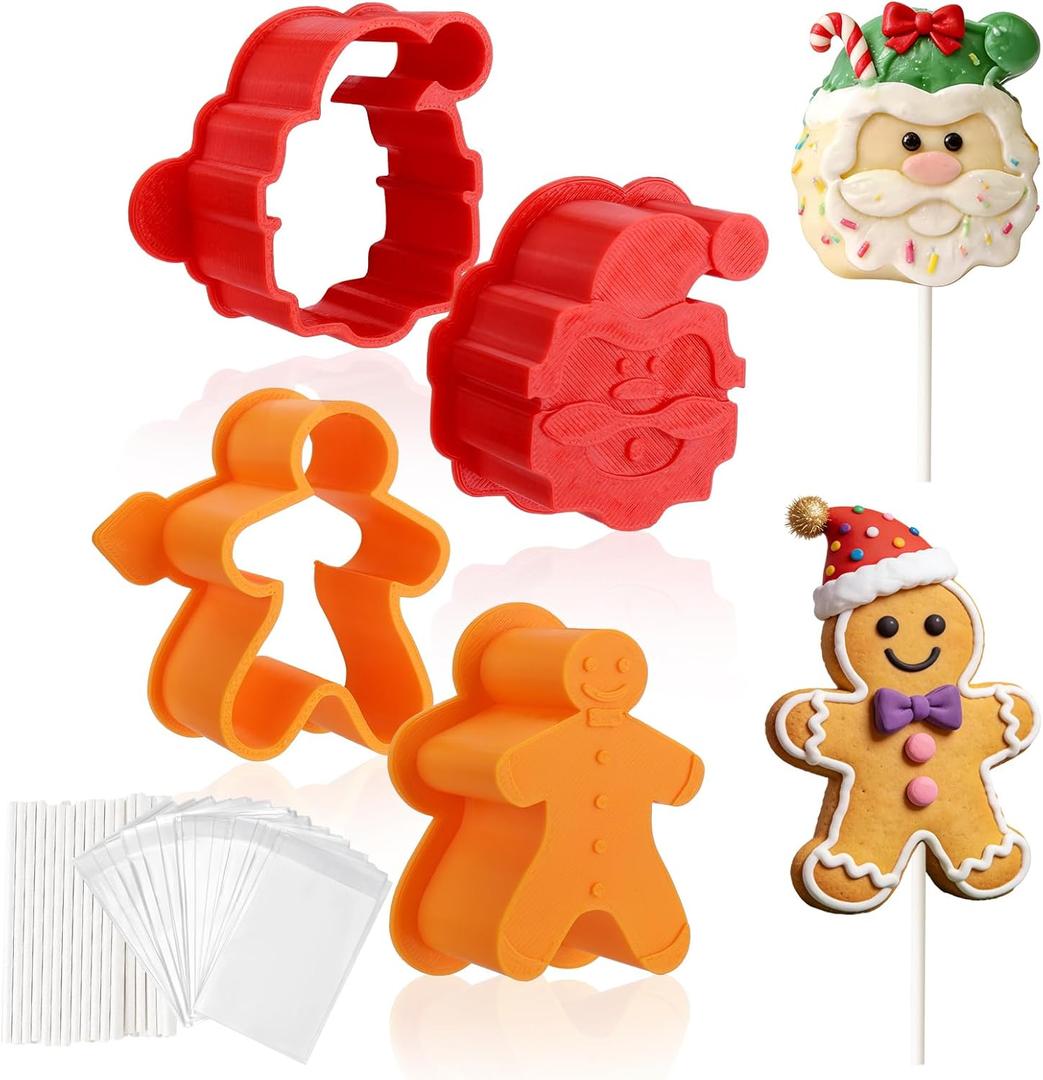 Palksky Christmas Cake Pop Mold, 3D Printed Gingerbread Man & Santa Claus Shapes with Sticks and Wrappers, Fun Cake pop Molds for Holiday Baking, Party Treats & Christmas Desserts