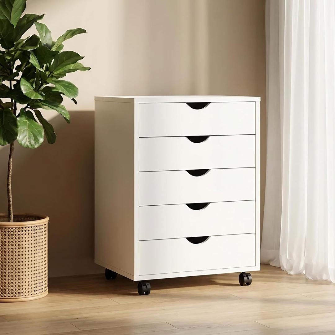5 Drawer File Cabinet, Under Desk Storage Organization with Wheels, Mobile Filing Chest for Small Desk Printer Stand for Home Office, White