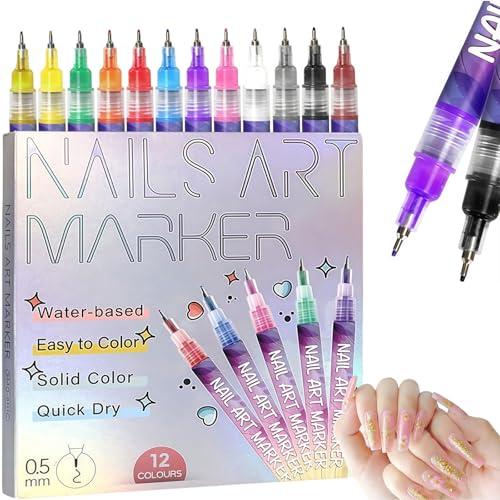 2026 New 12 Colours Nail Art Markers, Nail Art Pens tools, Nail Polish Pens Set with Fine Tip,Water-Based Quick Dry Ink for DIY Nail Art, Manicure & Nail Design