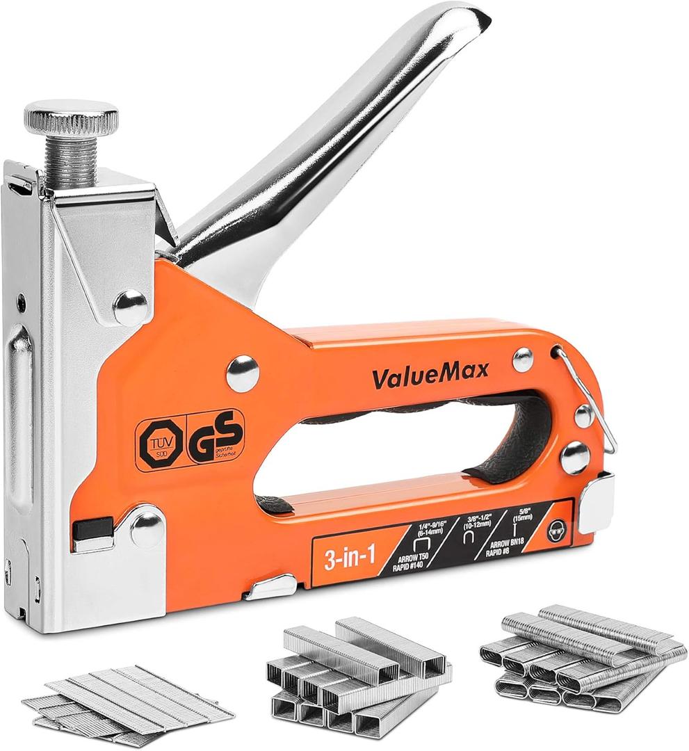 ValueMax Staple Gun, Heavy Duty 3-in-1 Manual Nail Gun with 3000 Staples, Upholstery Stapler for Wood, Furniture, Carpet, Carpentry, DIY, Wire, Decoration, Craft, Fixing Material, Decoration