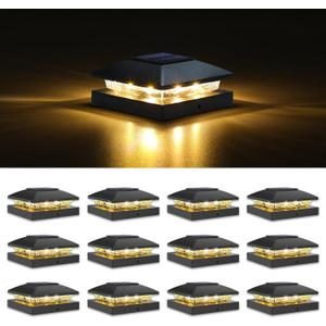 VOLISUN 4x4 Solar Post Cap Light 12pack,Solar Fence - Post Lights Outdoor Waterproof for Wooden/Vinyl Post,Black Deck Post Cap Light Solar Powered with Warm White for Garden/Patio/Porch