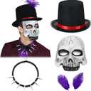 5 Pcs Halloween Shadow Costume for Men Sorcerer Antagonist Gothic Sorcerer Top Hat Bone Necklace Skull Skeleton Mask Purple Feather for Halloween 1920s Jazz Era Magician Cosplay Party