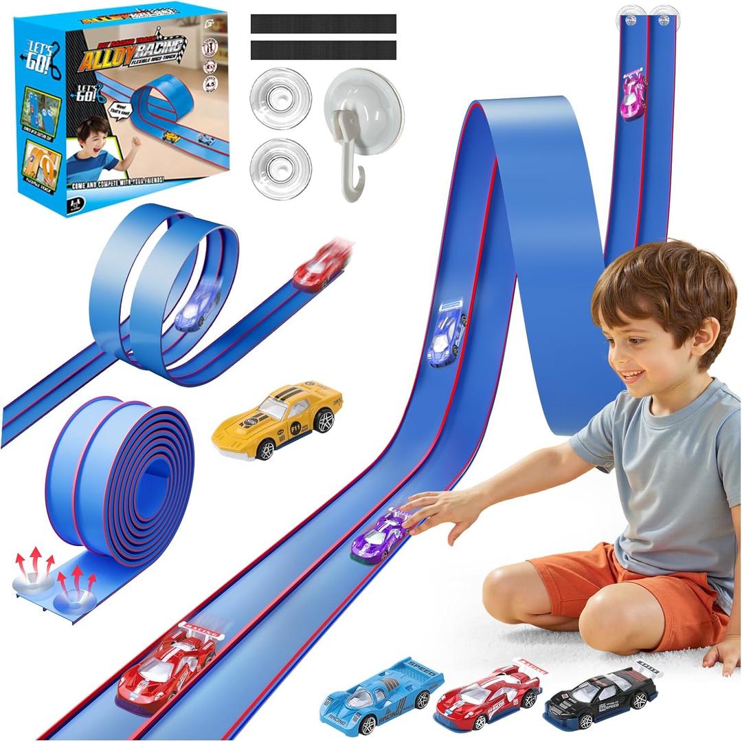 Upgrade Flexible Race Track for Kids, 15 Ft Flex Race Car Ramp Track with 4 Cars & Suction Cups - Compatible with Diecast 1/64th Cars, Car Tracks Toys for Kids Boys Girls Ages 3 4 5 6+ (Blue)