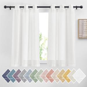NICETOWN Linen Sheer Short Curtains 48 inch Length 2 Panels for Kitchen, Grommet Semi Sheer Small Curtains & Drapes Privacy with Light Filtering for Nursery, White, W36 x L48, 2 Pieces