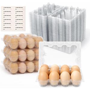 WIKDAY Egg Cartons Cheap Bulk 100 Pack 12 Count Plastic Clear Dozen Reusable Empty Egg Containers for Chicken Eggs Storage with Date Tracking Stickers