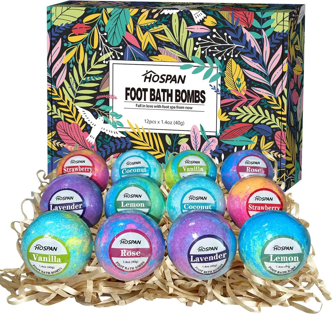 HOSPAN Organic Foot Bath Bombs Gift Set, 12 Essential Oil Rich Foot Soak for Mom and Dad, Handmade Foot Spa Bomb with Wonderful Bubbles, Great for Soothes Sore Tired Feet, Dry Feet Moisturize