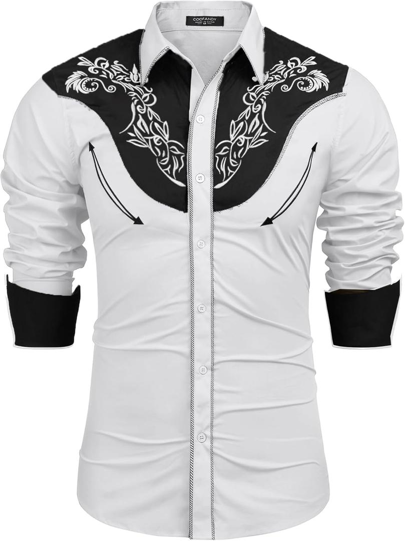 COOFANDY Men's Western Cowboy Shirt Long Sleeve Slim Fit Rose Embroidered Cotton Casual Button Down Shirts (White)