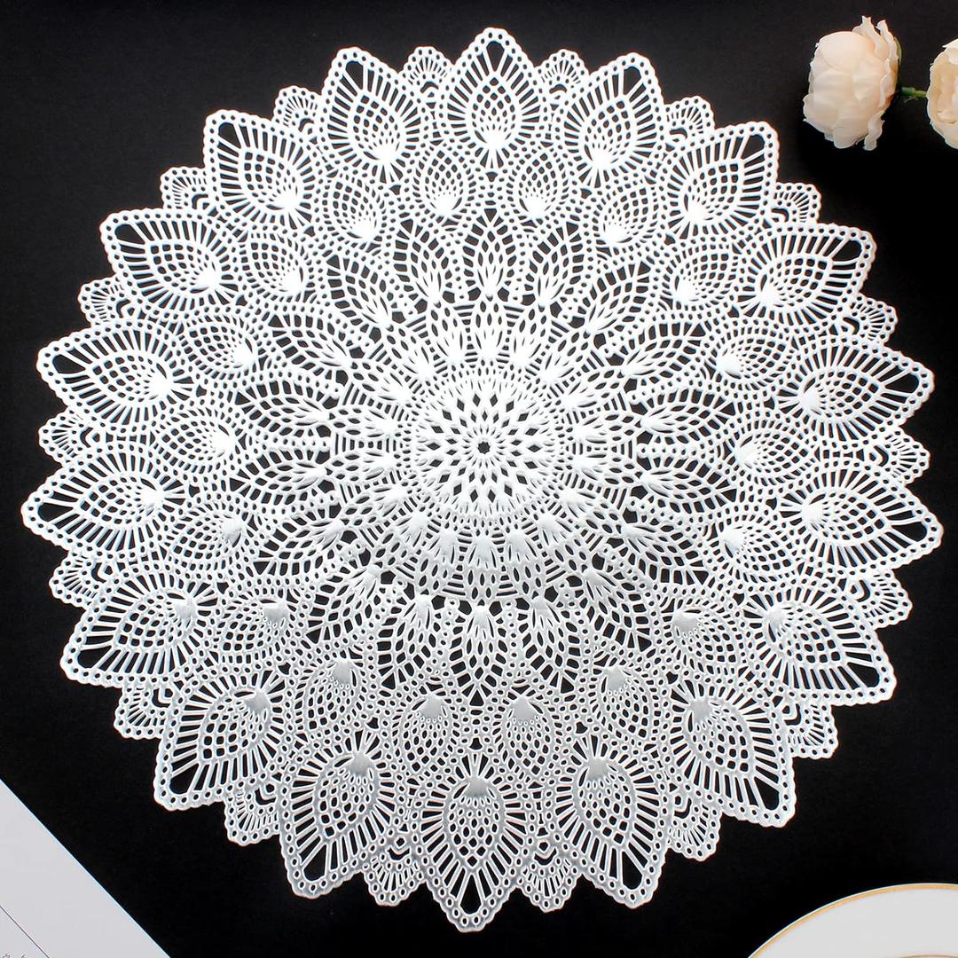 Silver Round Placemats, Hollow Out Washable and Wipeable Place Mats, Pressed Vinyl Table Mats Set of 8 for Anniversary Dinner Kitchen Decorations (8 PCS)
