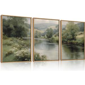 Aurlan Vintage Green River Landscape Framed Canvas Wall Art Set-16"x24"x3 | Large Rustic Countryside Stream Meadow Wall Decor,Misty Natural Valley Scenery Artwork for Living Room,Bedroom,Farmhouse