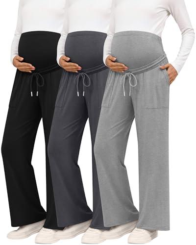 Sweetyweee 3 Pack Women Maternity Pants Wide Leg Over The Belly Lounge Loose Casual Pregnancy Pajama Trousers with Pockets(Light Heather Gray, Dark Heather Gray, Black,Large)