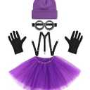 PIIDUOO Purple Minion Costume Accessories for Women - Adult Halloween Costumes Party Cosplay Set with Goggles Glasses Beanie Gloves Suspenders Tutu